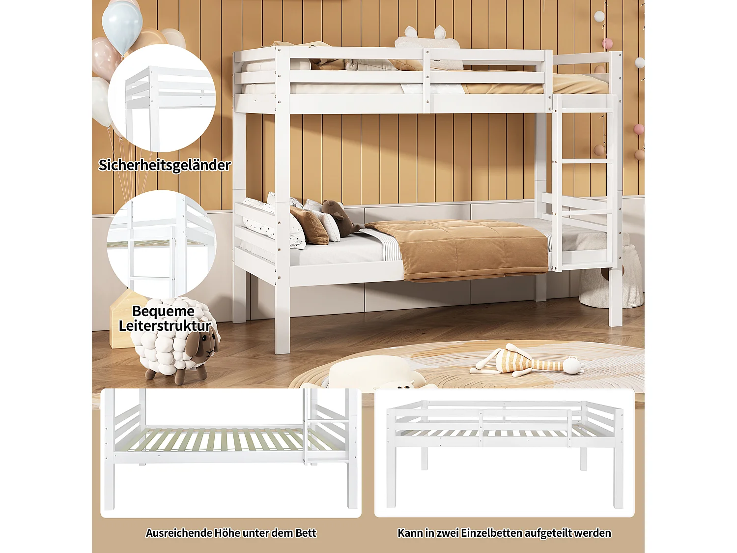 Litera infantil de 90x200 cm en pino blanco, con escalera esquinera de 3 peldaños y barandilla de seguridad, convertible en 2 camas individuales.