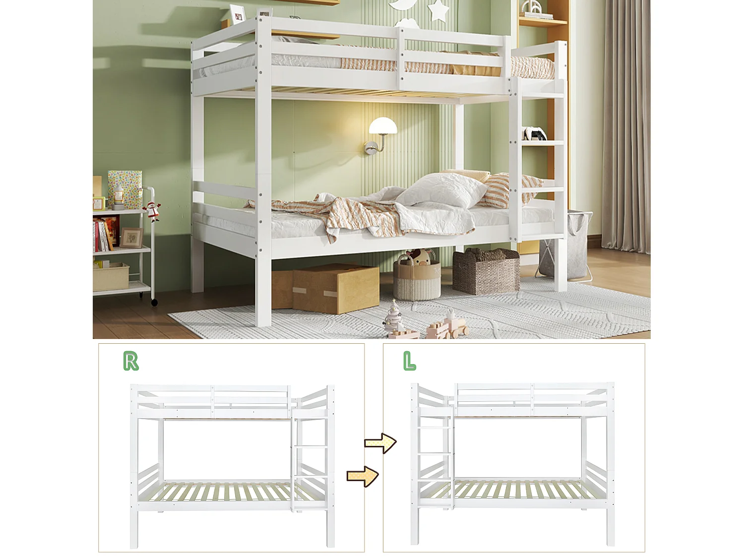 Litera infantil de 90x200 cm en pino blanco, con escalera esquinera de 3 peldaños y barandilla de seguridad, convertible en 2 camas individuales.