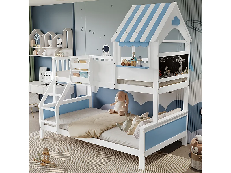 Lit superposé 90x200 et 120x200 cm en pin et MDF, design maison avec fenêtres, tableau à dessin et tiroir – Blanc et bleu