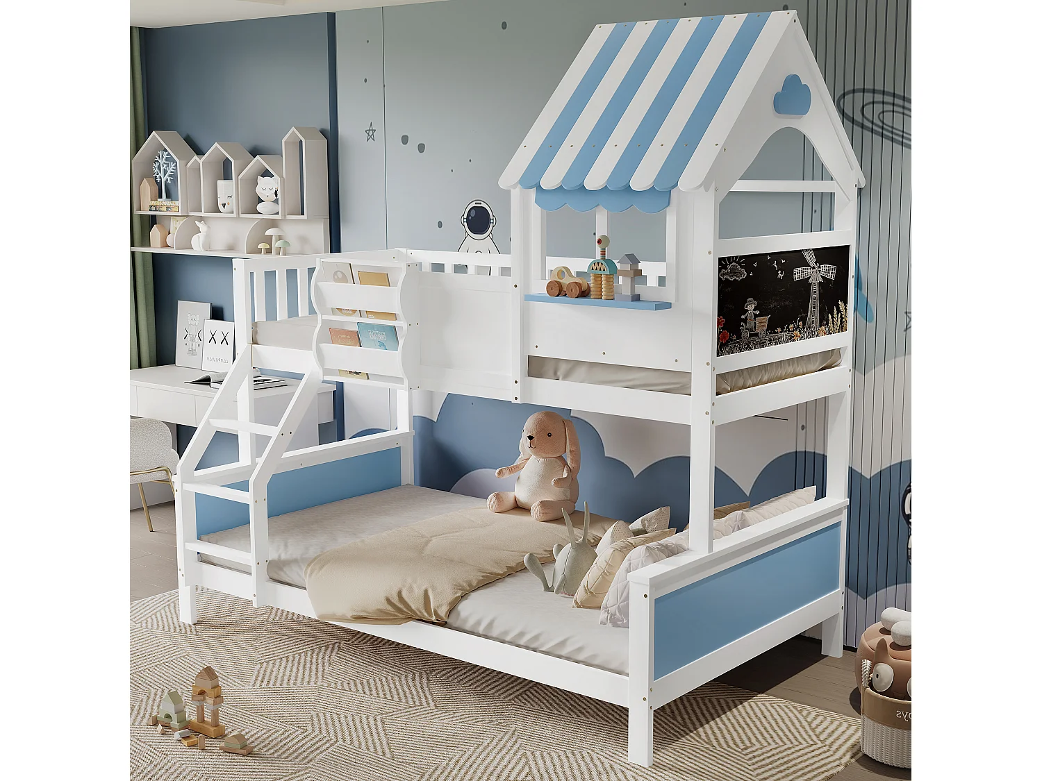 Lit superposé 90x200 et 120x200 cm en pin et MDF, design maison avec fenêtres, tableau à dessin et tiroir – Blanc et bleu