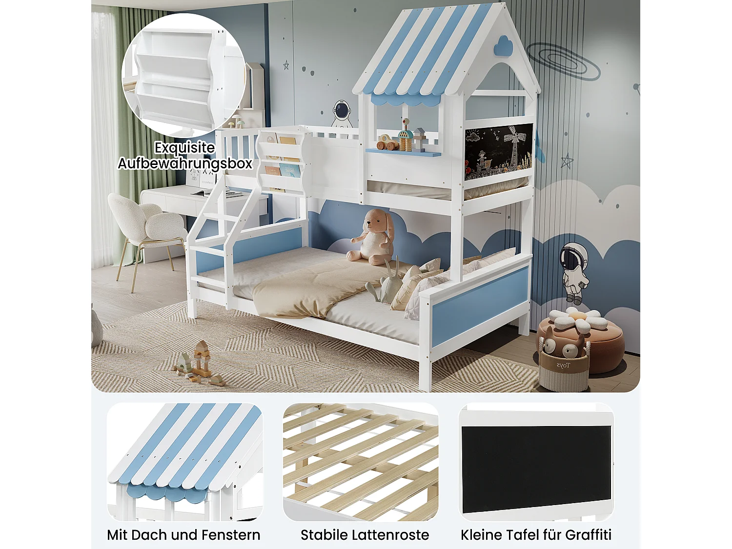 Lit superposé 90x200 et 120x200 cm en pin et MDF, design maison avec fenêtres, tableau à dessin et tiroir – Blanc et bleu