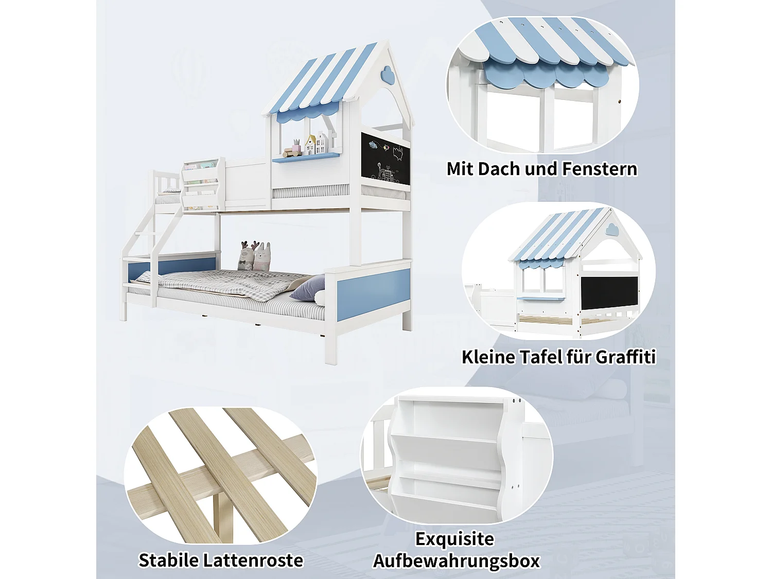 Lit superposé 90x200 et 120x200 cm en pin et MDF, design maison avec fenêtres, tableau à dessin et tiroir – Blanc et bleu