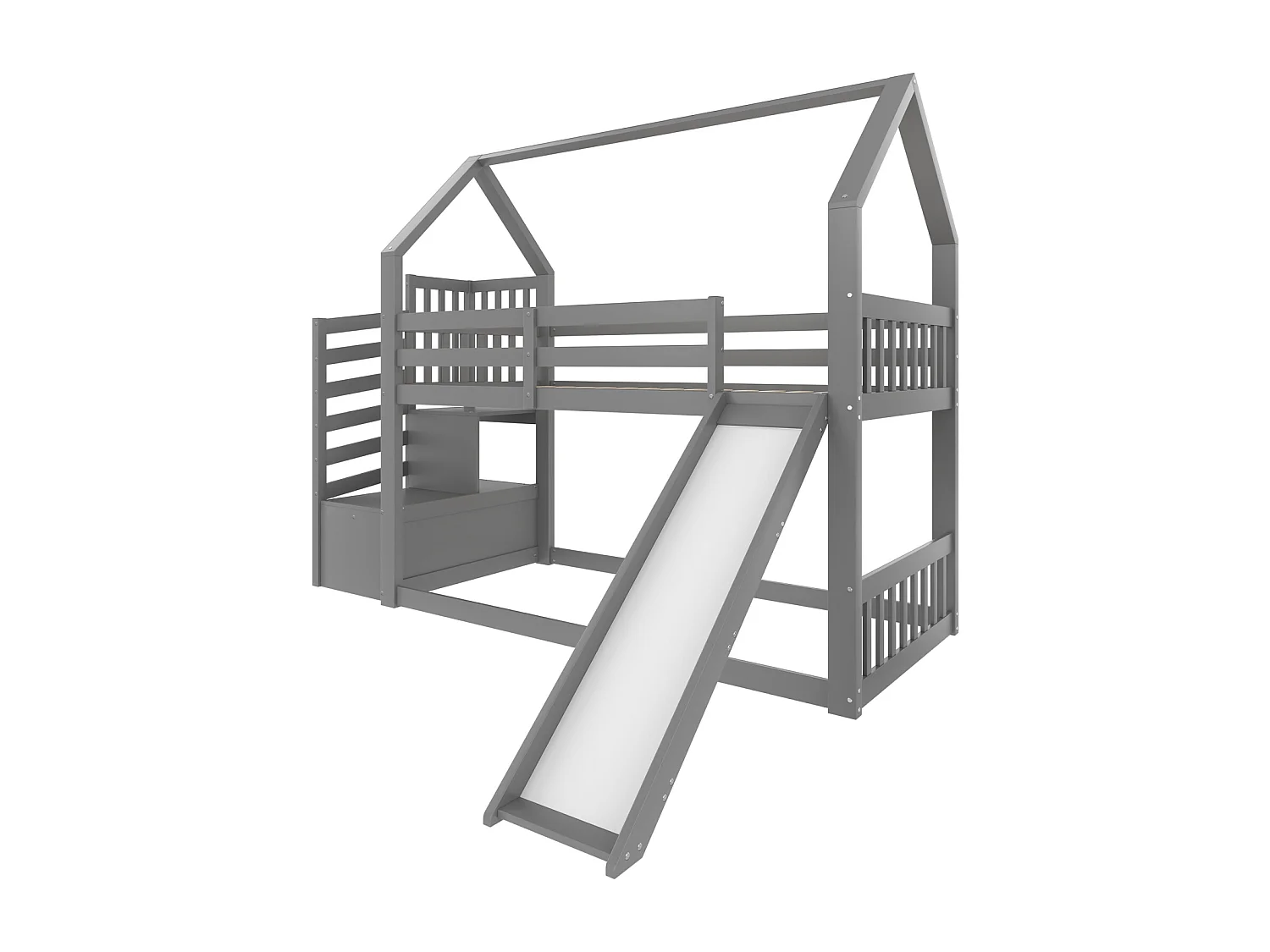Lit superposé 90x200 cm gris pour enfants, avec escalier de rangement, toboggan et barrière de sécurité, sans matelas