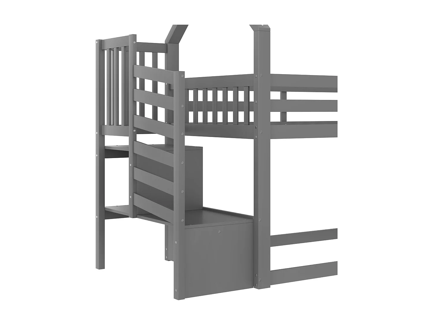 Lit superposé 90x200 cm gris pour enfants, avec escalier de rangement, toboggan et barrière de sécurité, sans matelas