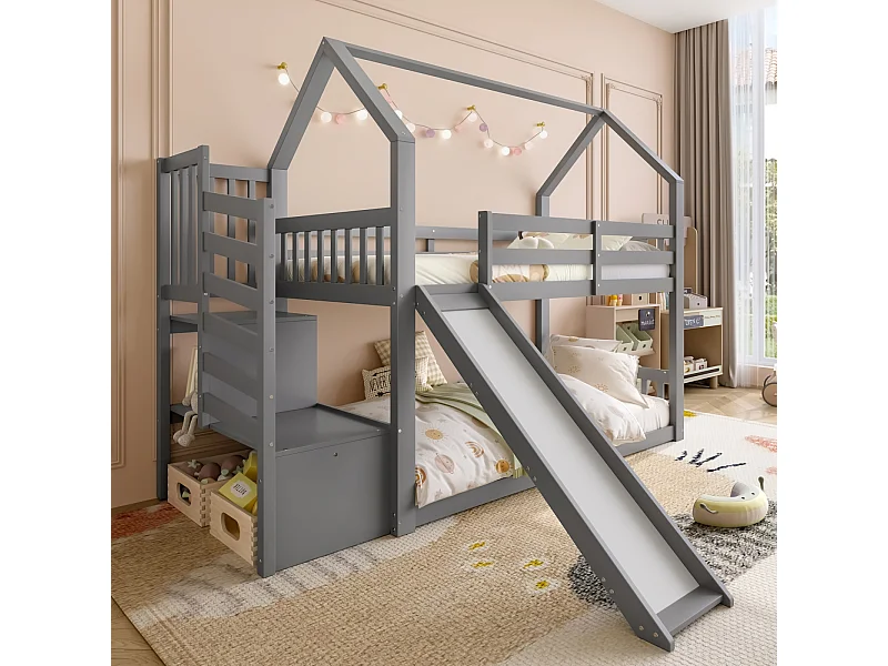 Lit superposé 90x200 cm gris pour enfants, avec escalier de rangement, toboggan et barrière de sécurité, sans matelas