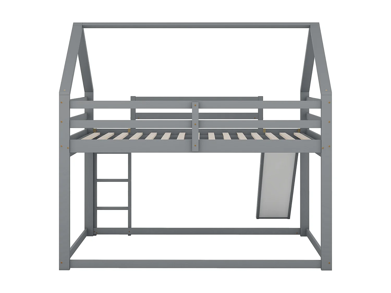 Litera gris estilo cabaña de 140x200 cm con tobogán y escalera, diseño moderno y divertido para la habitación de un niño.