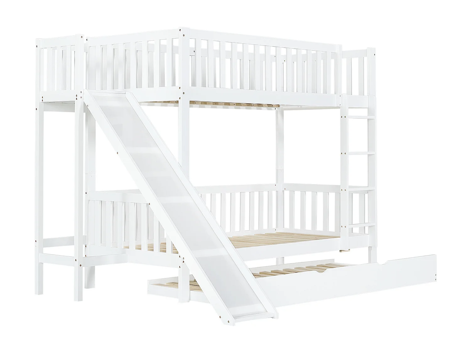 Litera infantil de 90x200/190 cm en pino y MDF blanco con cama nido, tobogán, estantes y barandilla de seguridad.