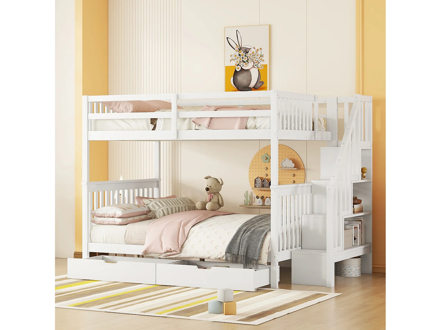 Litera blanca de 140x200 cm con escalera con estantes, 2 cajones de almacenaje, barandillas altas, certificada EN747-1