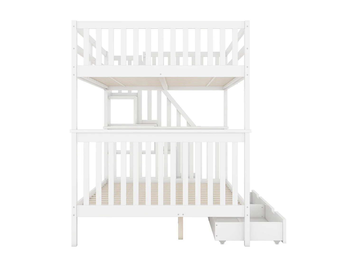 Litera blanca de 140x200 cm con escalera con estantes, 2 cajones de almacenaje, barandillas altas, certificada EN747-1