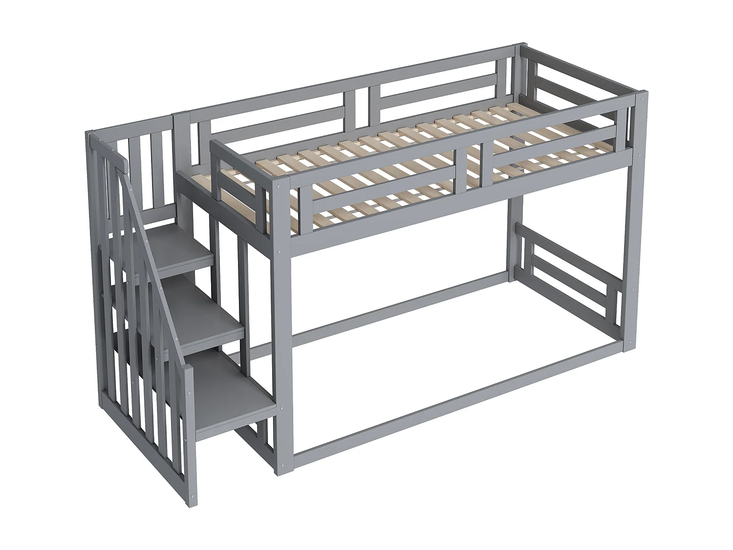 Lit superposé bas 90x200 cm gris pour enfants, structure en bois massif avec escalier sécurisé et sommier à lattes