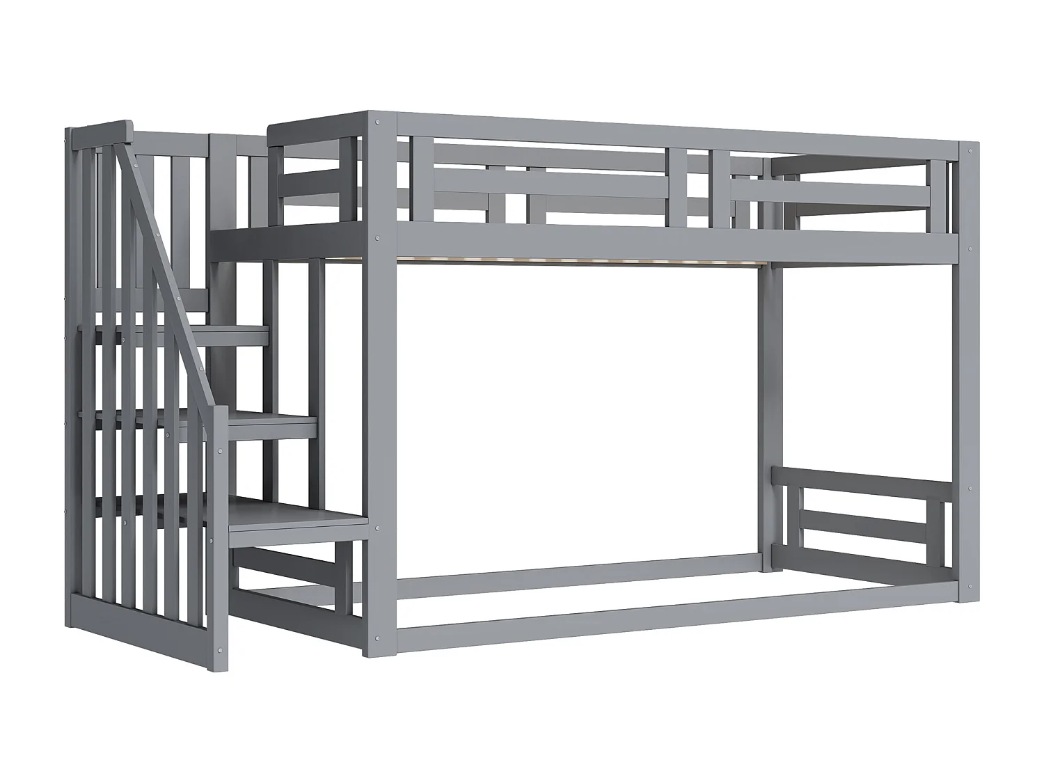Lit superposé bas 90x200 cm gris pour enfants, structure en bois massif avec escalier sécurisé et sommier à lattes