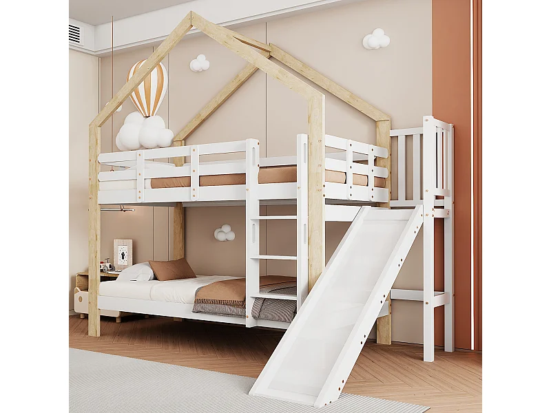 Beliche infantil de 90x200 cm com escorregador, cama de madeira maciça com acabamento branco/natural e grades de segurança.