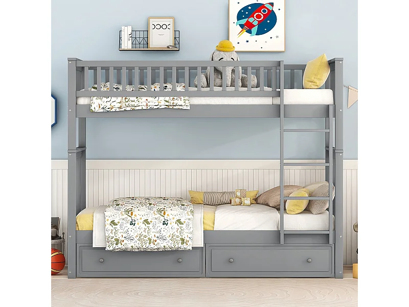 Lit superposé 90x200 cm gris pour enfants, fonctionnels avec tiroirs et lit modulable type cabrio – Lit pratique et gain de place