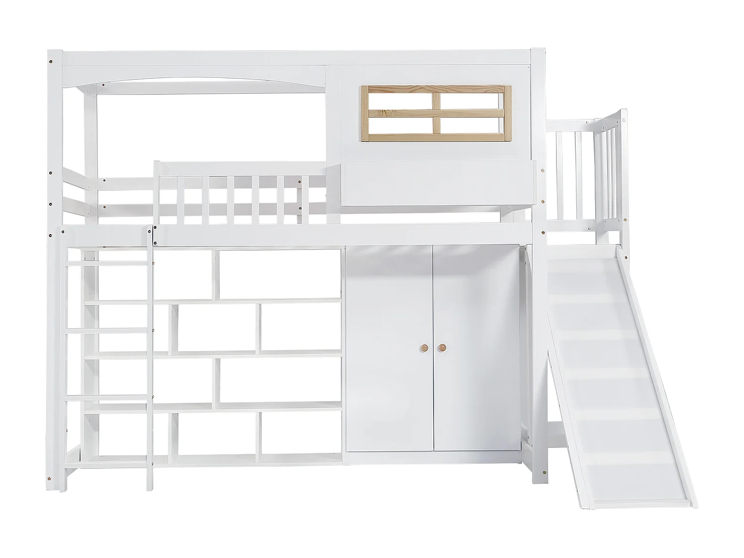 Stapelbed 90x200 cm in grenen en wit MDF met glijbaan, kledingkast, 4-trapsladder, uitvalbeveiliging en veel opbergruimte