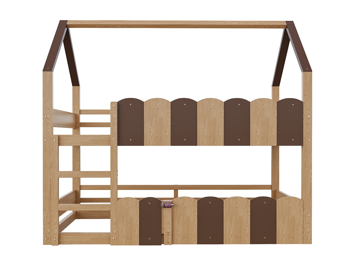 Beliche infantil 90x200 cm na cor madeira com grades de segurança – estrado de ripas para a cama superior, para meninos e meninas.