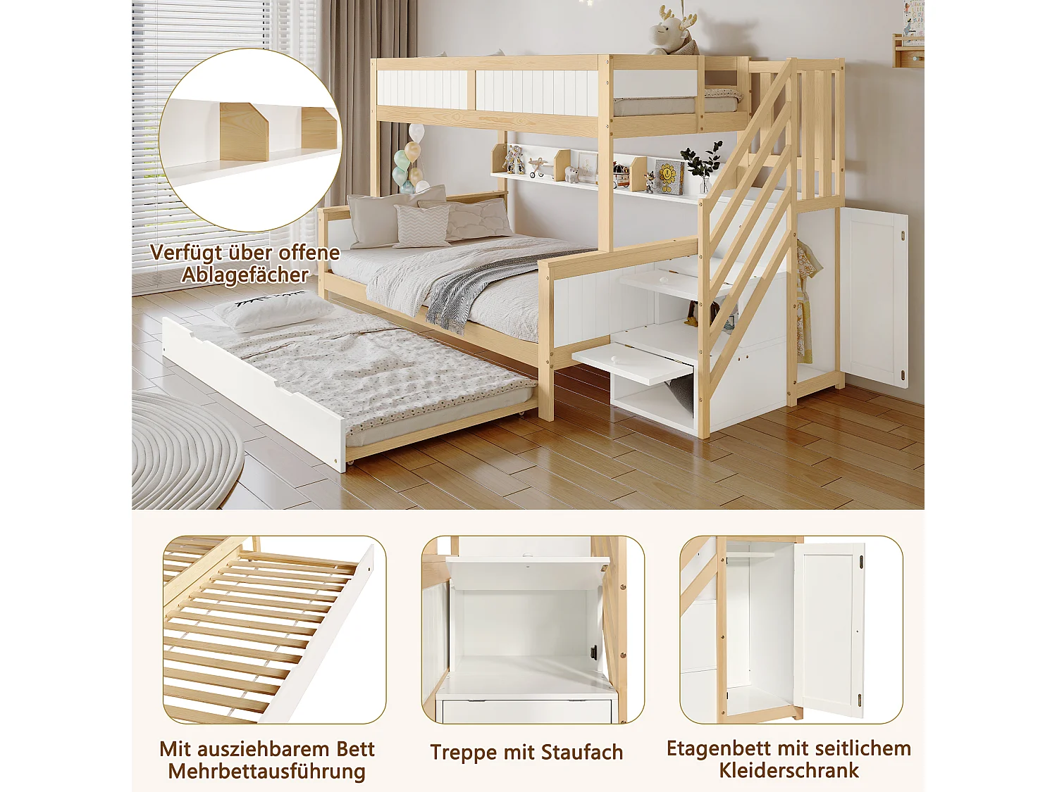 Litera infantil con 3 plazas para dormir (90/120x200 cm), incluye cama nido, armario, escalera y barandillas de seguridad, blanca