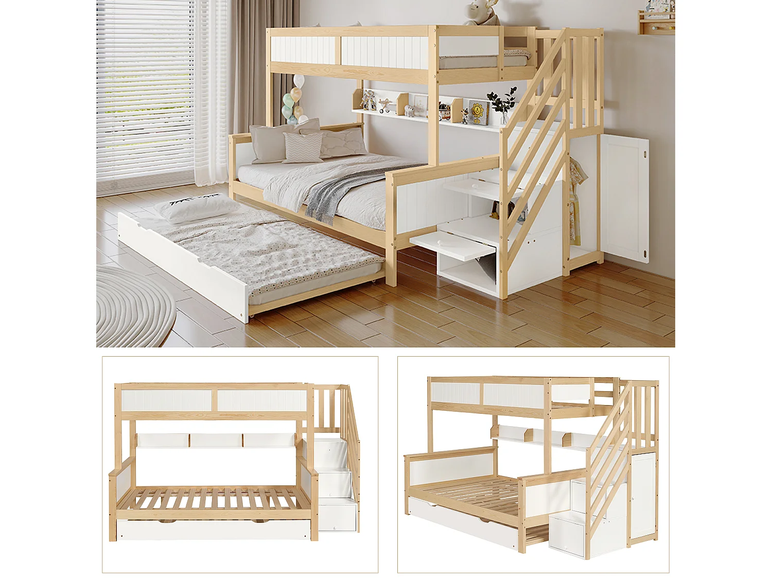 Litera infantil con 3 plazas para dormir (90/120x200 cm), incluye cama nido, armario, escalera y barandillas de seguridad, blanca