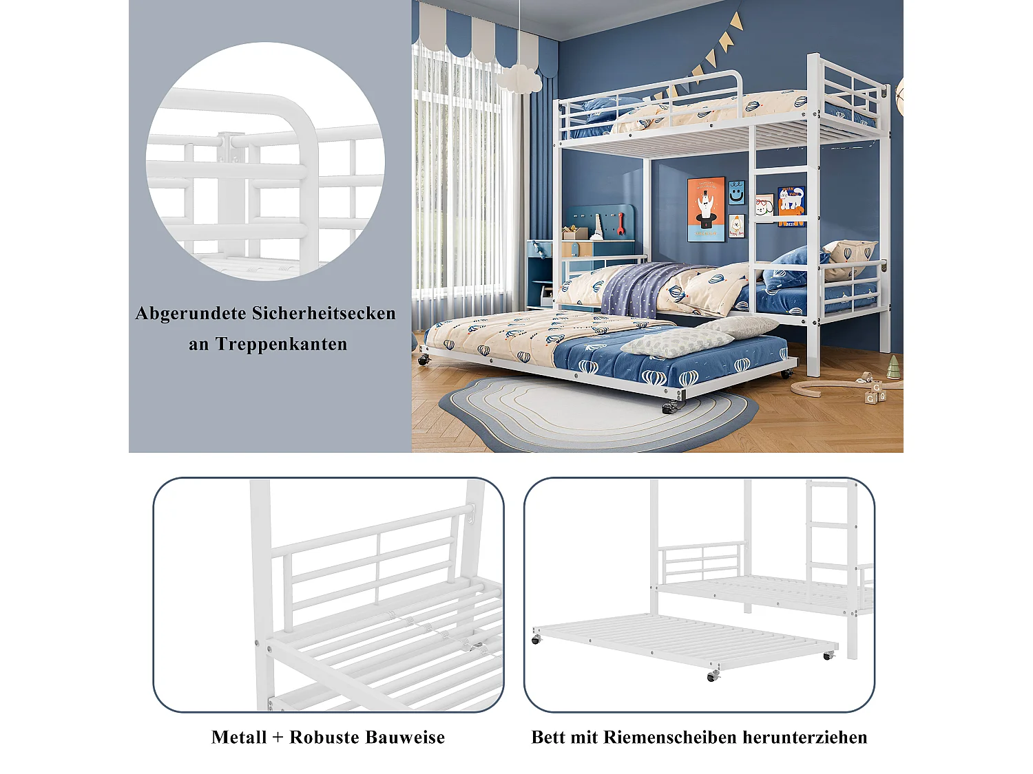 Beliche de metal branco 90x200/90x190 cm para crianças/adolescentes com cama auxiliar e grades de proteção – Prático e seguro