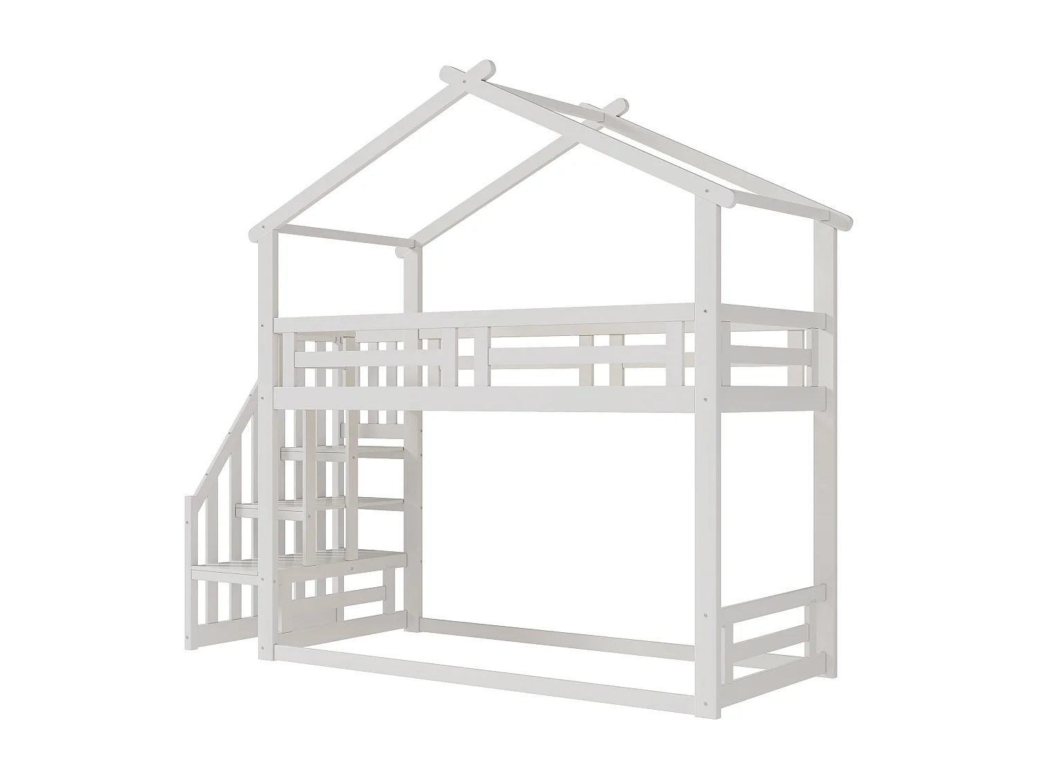 Lit superposé bas enfant 90x200 cm en bois massif avec sommier et escalier sécurisé, coloris blanc