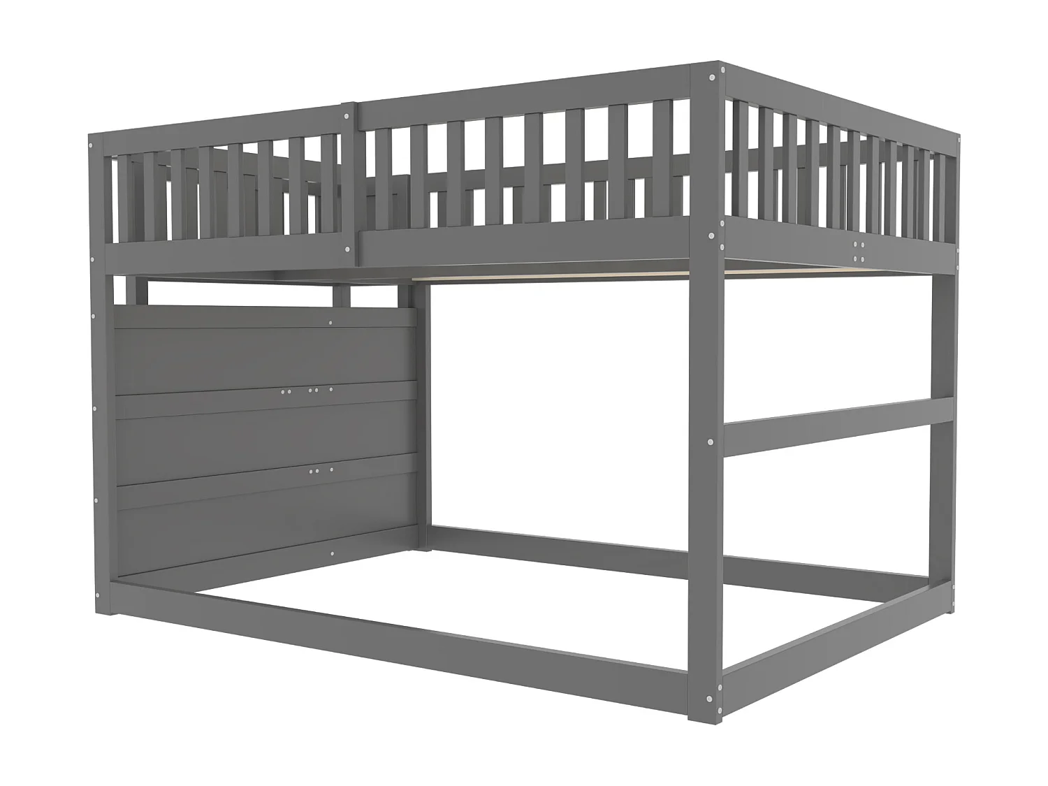 Lit superposé bas 140x200 cm en bois gris, barrière haute et rangement intégré – Lit enfant sécurisé et pratique