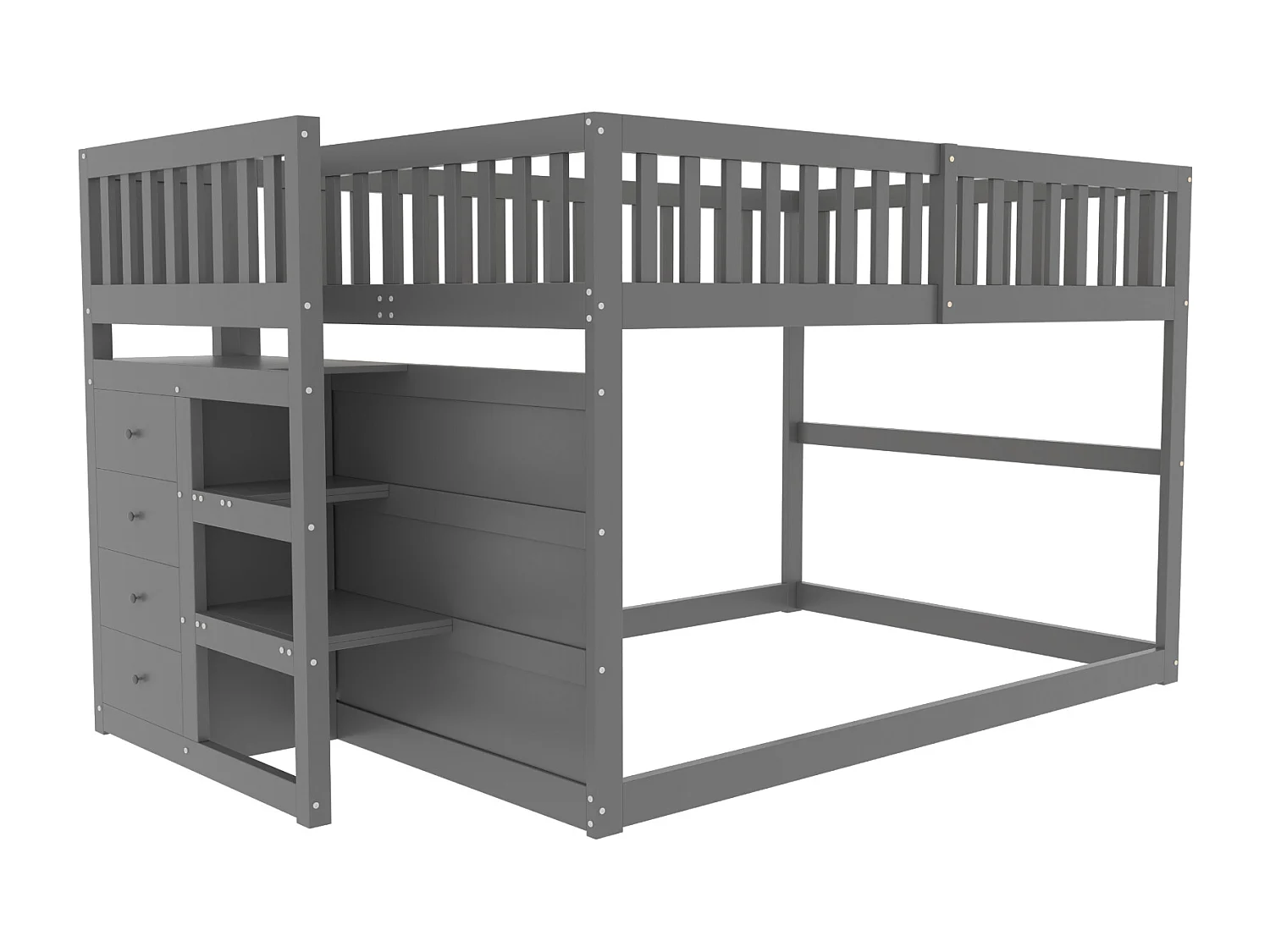 Lit superposé bas 140x200 cm en bois gris, barrière haute et rangement intégré – Lit enfant sécurisé et pratique