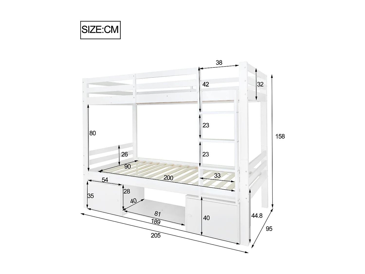 Litera infantil de 90x200 cm blanca con compartimentos de almacenaje y estantes para zapatos – convertible en 2 camas individuales