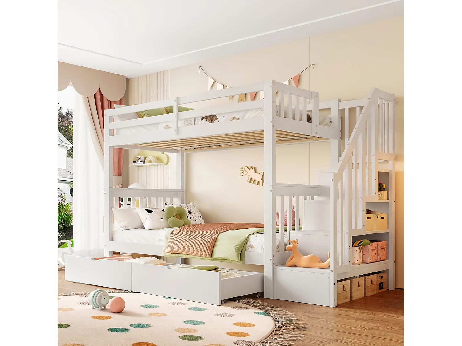 Beliche infantil 90x200 cm branco com escada, prateleira, 2 gavetas, grades de proteção altas, certificado EN747-1 – seguro e prático