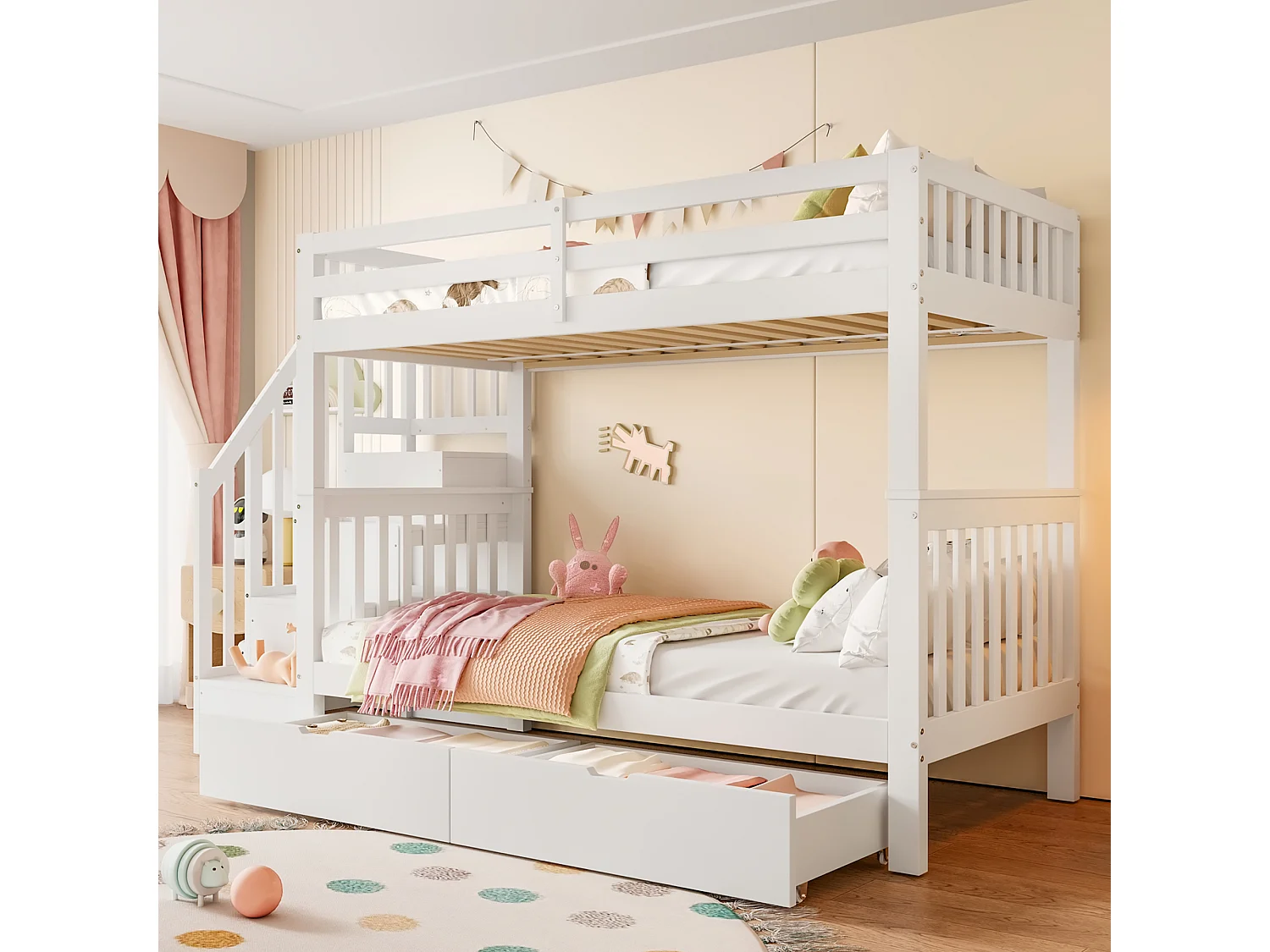 Beliche infantil 90x200 cm branco com escada, prateleira, 2 gavetas, grades de proteção altas, certificado EN747-1 – seguro e prático
