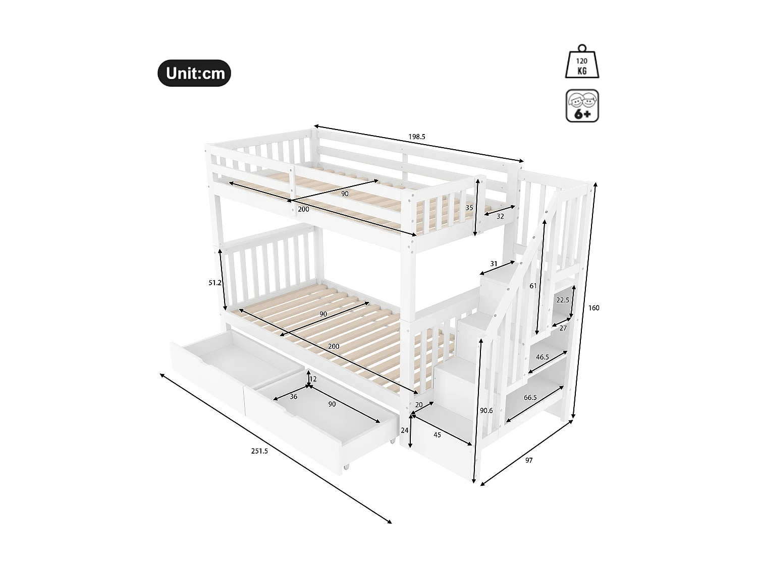 Beliche infantil 90x200 cm branco com escada, prateleira, 2 gavetas, grades de proteção altas, certificado EN747-1 – seguro e prático