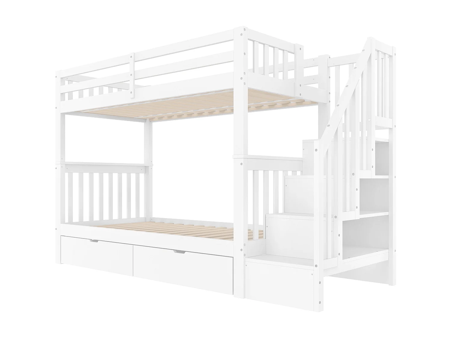 Beliche infantil 90x200 cm branco com escada, prateleira, 2 gavetas, grades de proteção altas, certificado EN747-1 – seguro e prático
