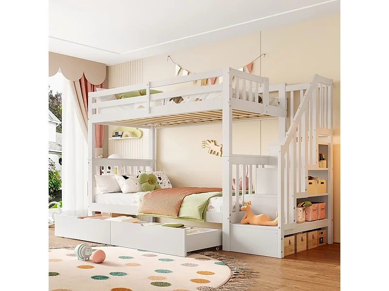 Beliche infantil 90x200 cm branco com escada, prateleira, 2 gavetas, grades de proteção altas, certificado EN747-1 – seguro e prático