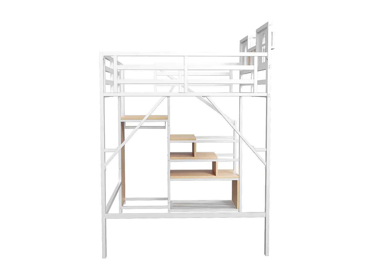 Lit mezzanine 140x200 cm en métal avec échelle de rangement, planches en bois et filet, haute barrière unique – Blanc