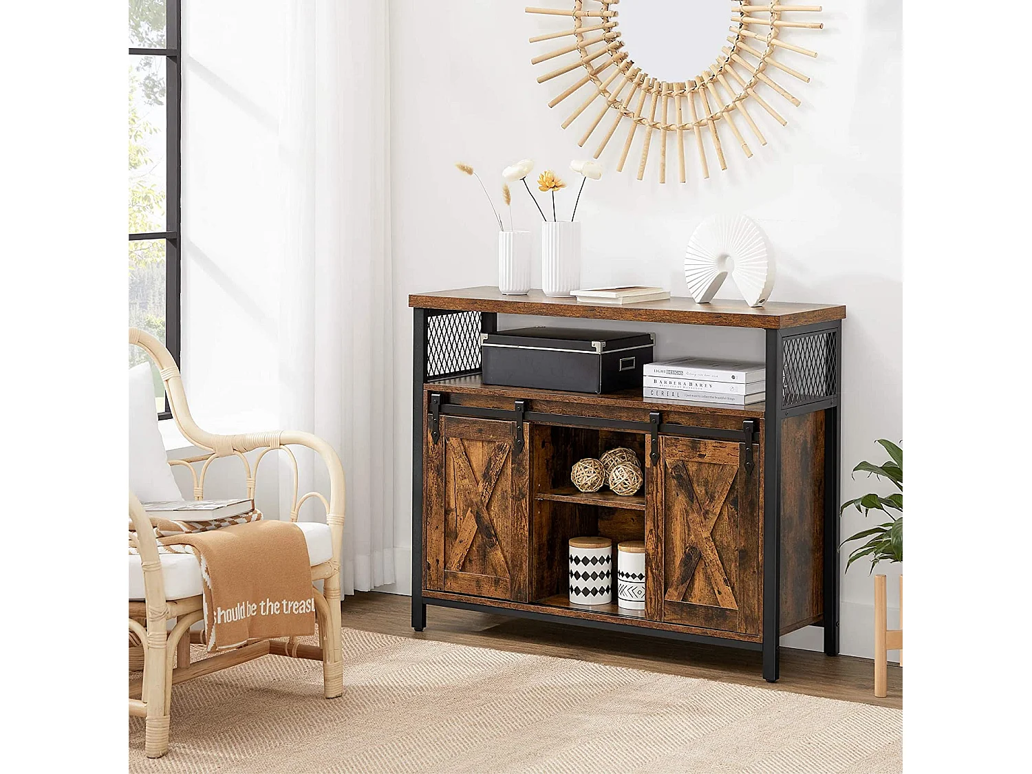 Commode Valora, portes coulissantes en acier brun rustique