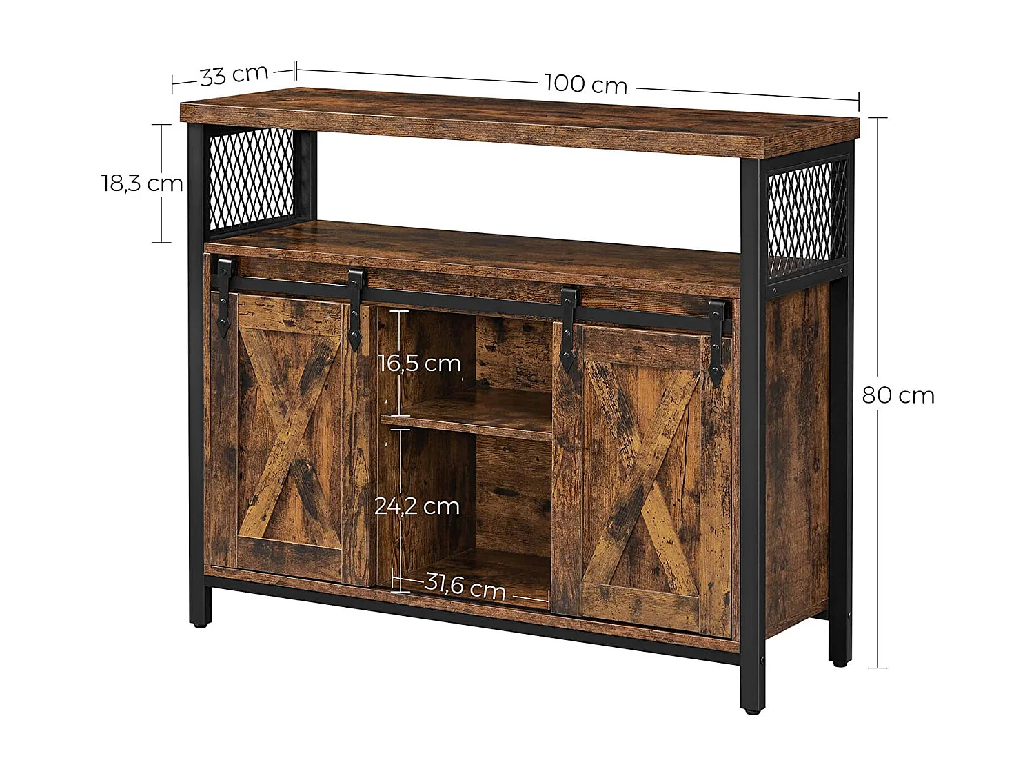 Commode Valora, portes coulissantes en acier brun rustique