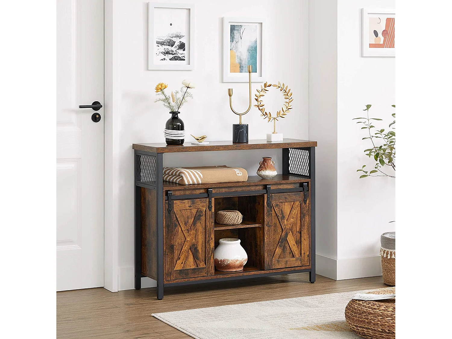 Commode Valora, portes coulissantes en acier brun rustique