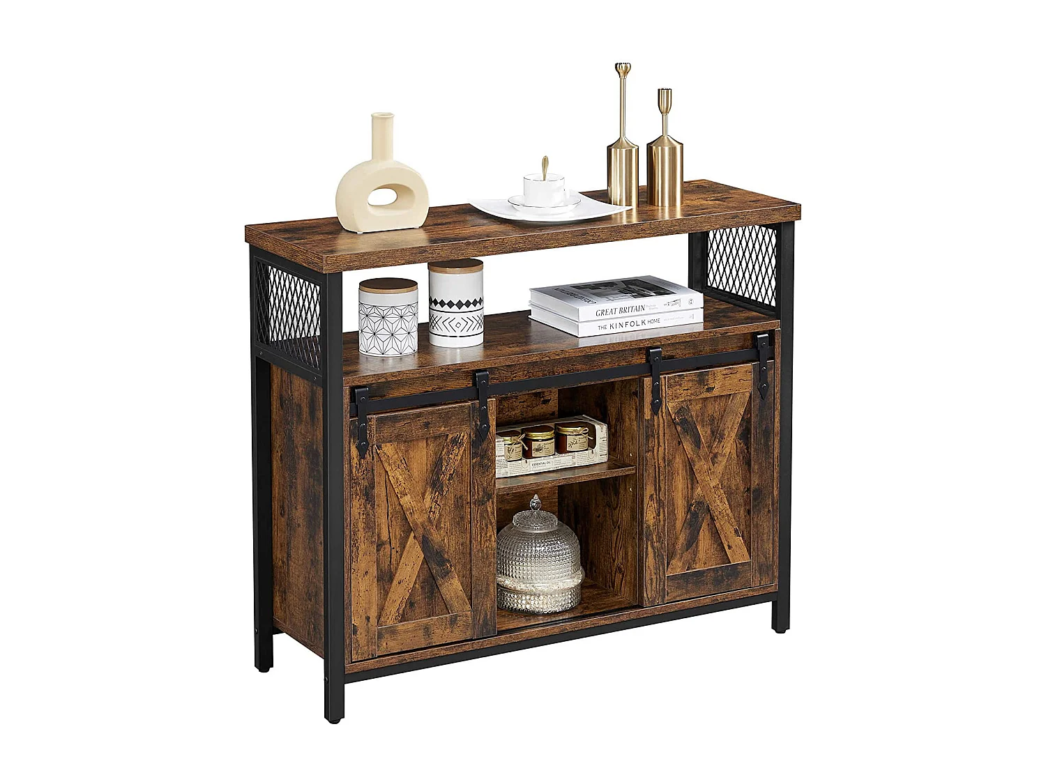 Commode Valora, portes coulissantes en acier brun rustique