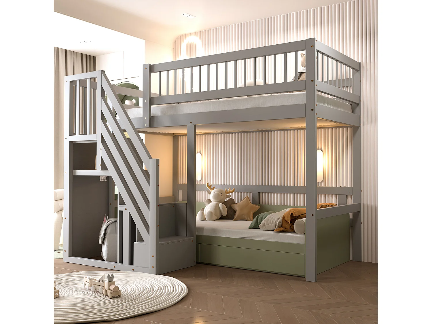 Lit enfant 90x200 cm en bois massif gris avec escalier et rangement intégré – lit pratique et solide pour enfants et adolescents