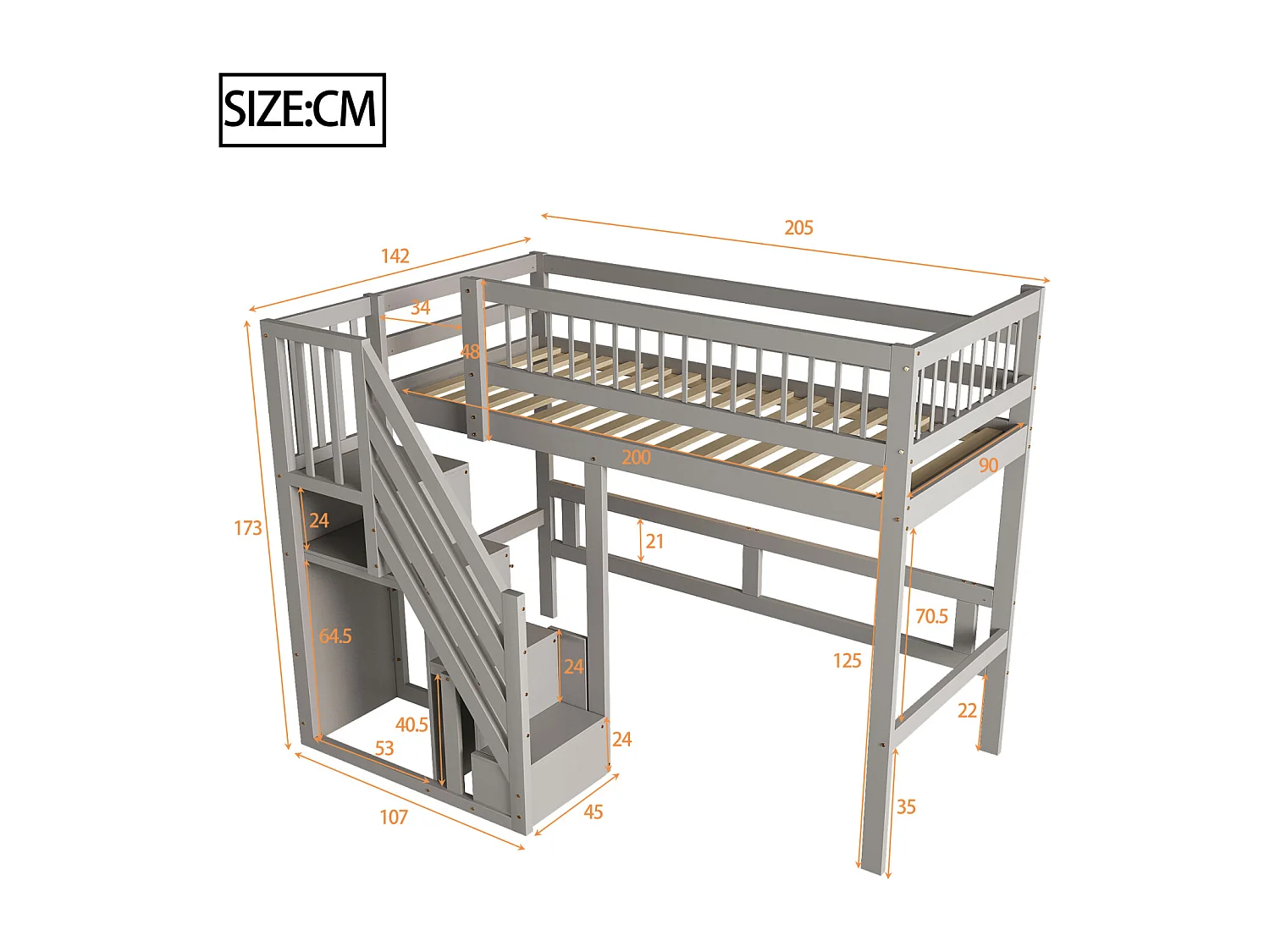 Lit enfant 90x200 cm en bois massif gris avec escalier et rangement intégré – lit pratique et solide pour enfants et adolescents