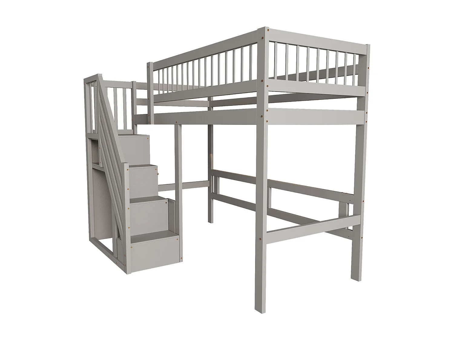 Lit enfant 90x200 cm en bois massif gris avec escalier et rangement intégré – lit pratique et solide pour enfants et adolescents