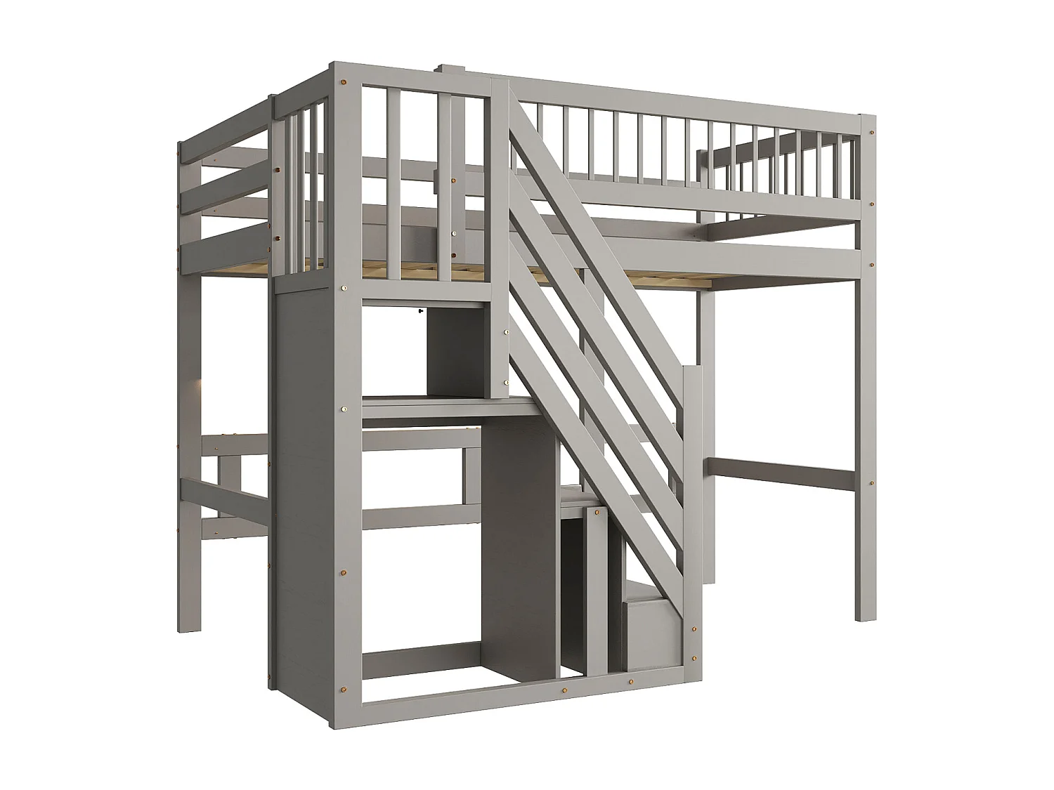 Lit enfant 90x200 cm en bois massif gris avec escalier et rangement intégré – lit pratique et solide pour enfants et adolescents