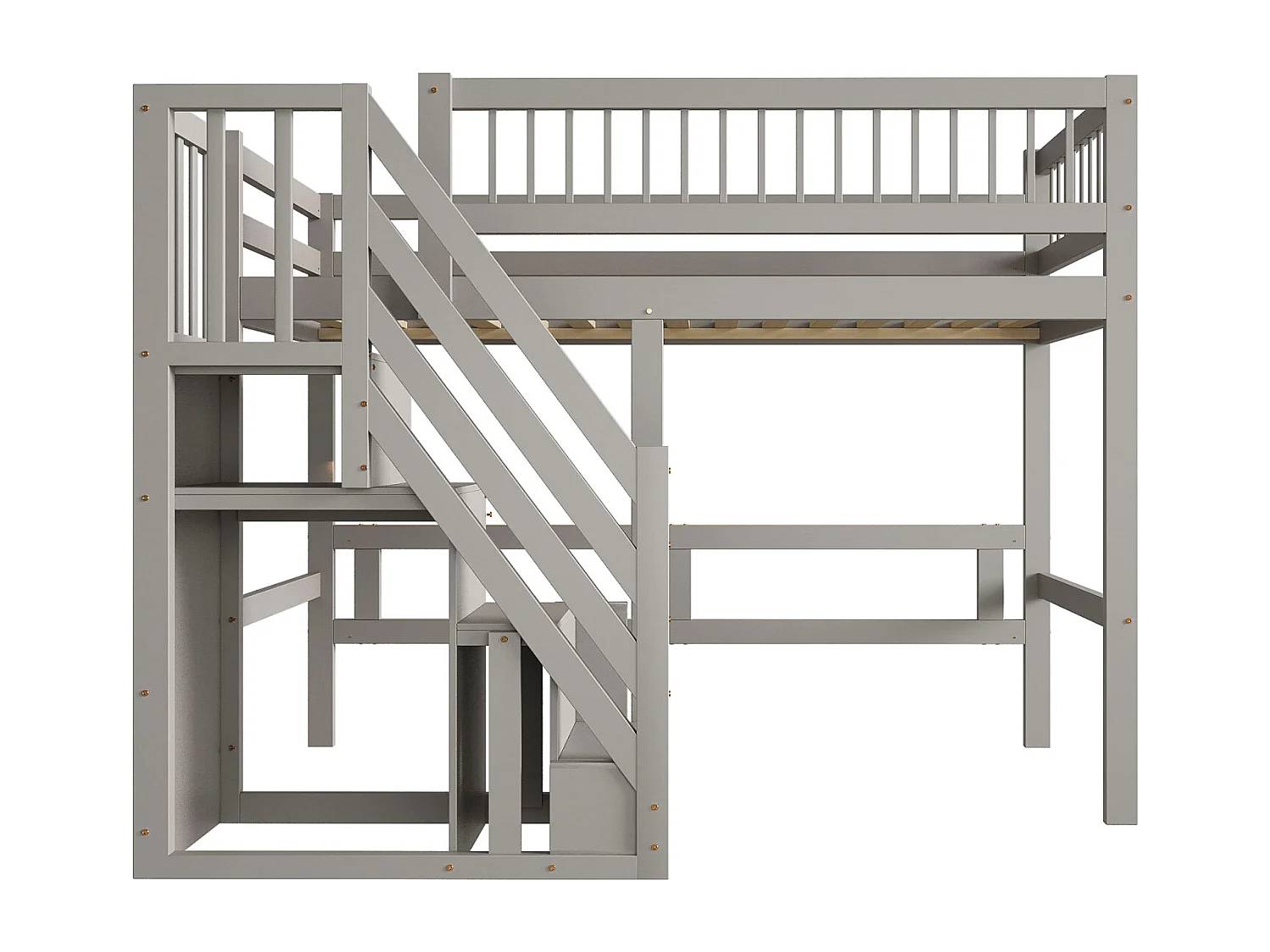 Lit enfant 90x200 cm en bois massif gris avec escalier et rangement intégré – lit pratique et solide pour enfants et adolescents