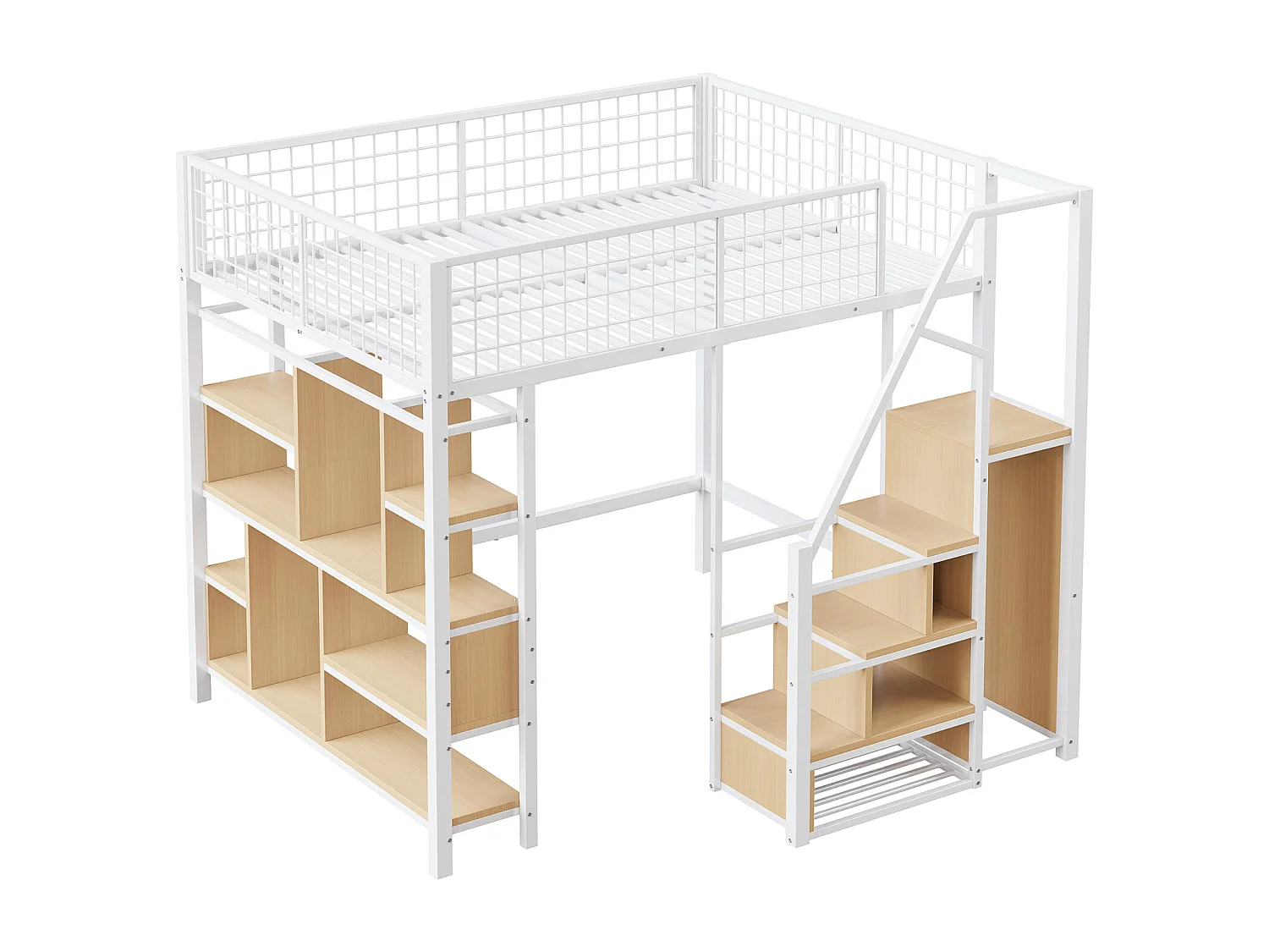 Lit mezzanine multifonction 140x200 cm en métal blanc avec rangement, étagères et escalier – adapté enfants et adultes