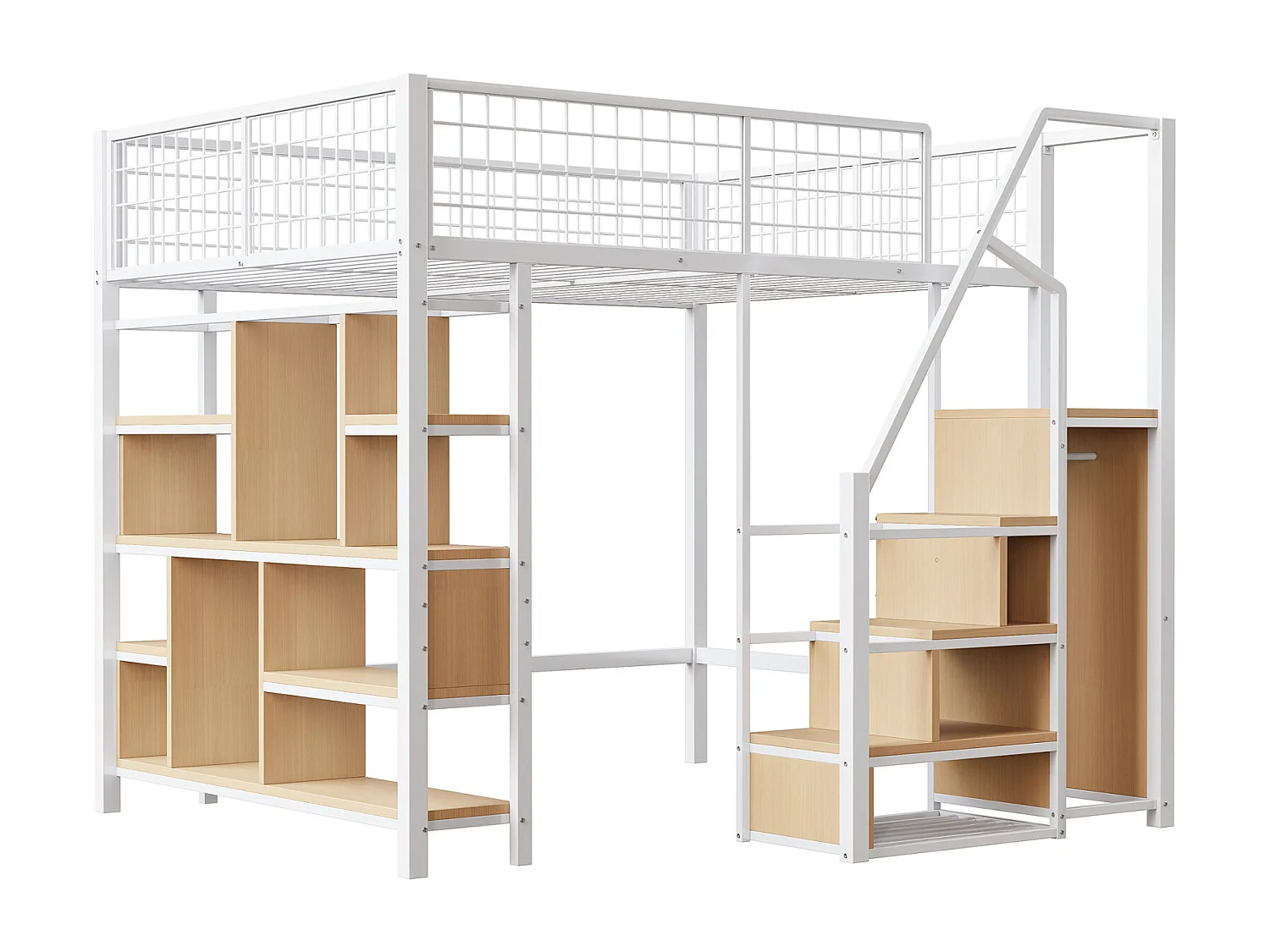 Lit mezzanine multifonction 140x200 cm en métal blanc avec rangement, étagères et escalier – adapté enfants et adultes