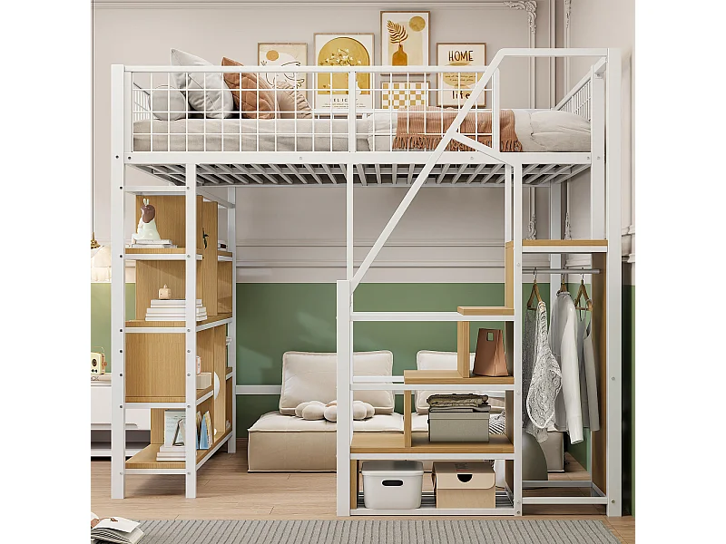 Multifunctioneel hoogslaper van metaal in wit 140x200 cm met opbergruimte, planken en trap – geschikt voor kinderen en volwassenen