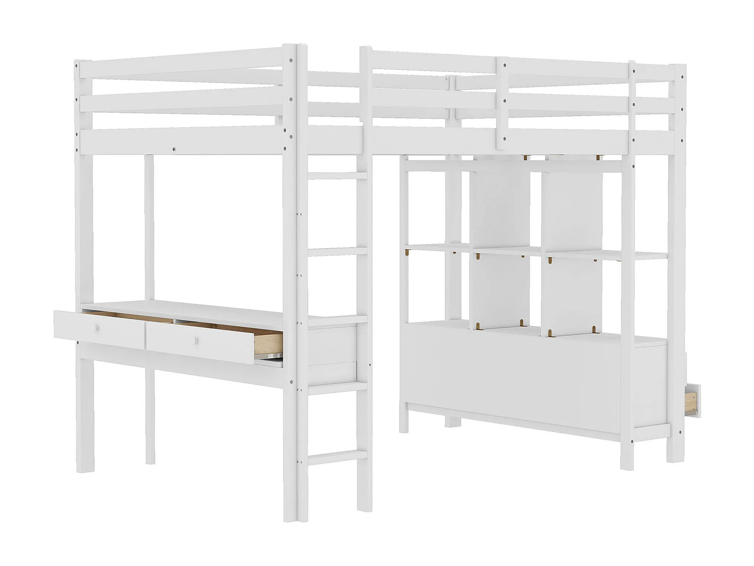 Lit mezzanine 140x200 cm blanc pour enfant avec tiroirs de rangement et bureau inférieur, sans matelas – pratique et fonctionnel