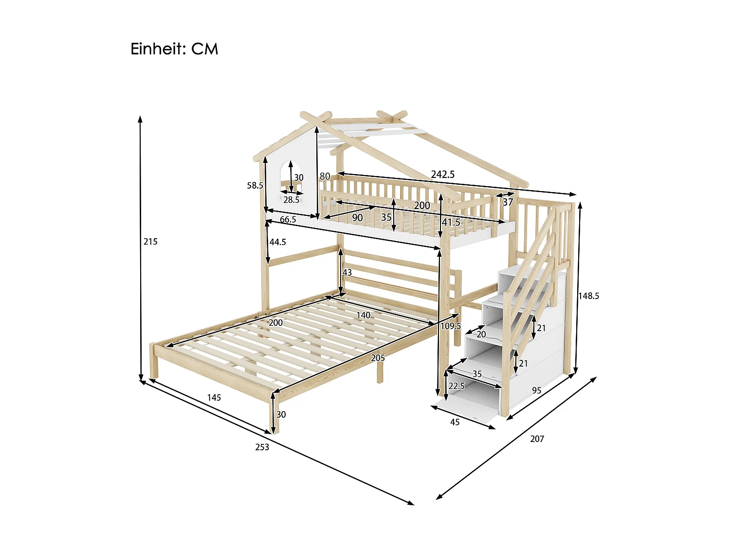 Cama alta infantil blanca/natural de 90x200 cm con barandillas, escalera con almacenaje y cama inferior de 140x200 cm incluida.