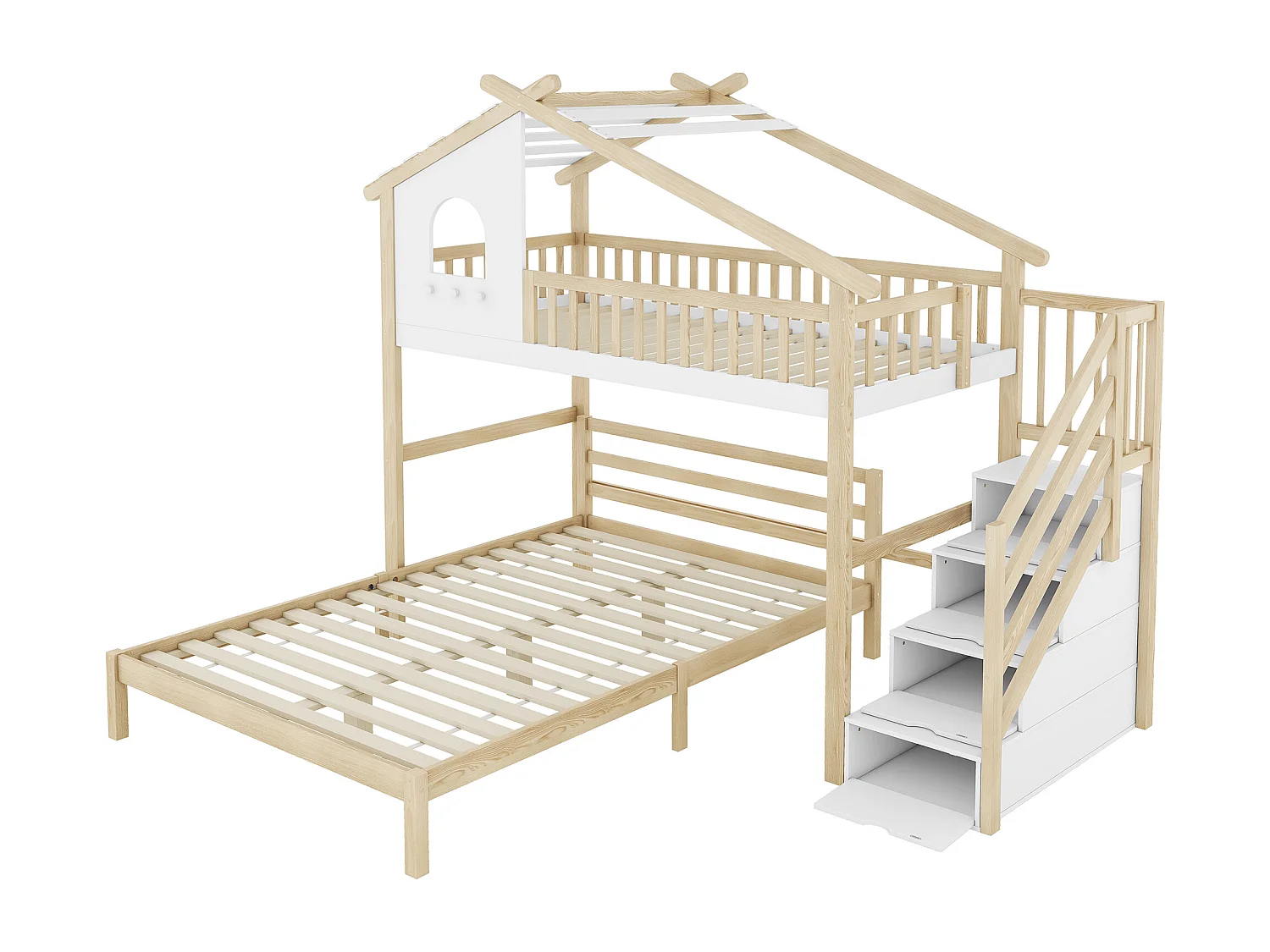 Cama alta infantil blanca/natural de 90x200 cm con barandillas, escalera con almacenaje y cama inferior de 140x200 cm incluida.