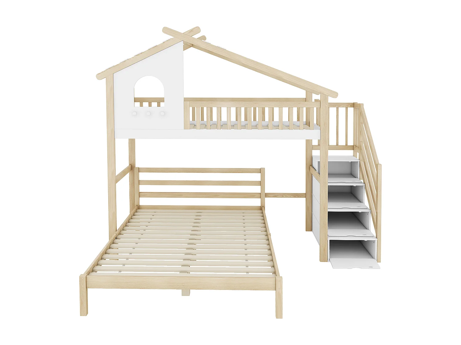 Lit mezzanine 90x200 cm blanc/nature pour enfant avec barrières, escalier de rangement, Lit inférieur 140x200 cm inclus