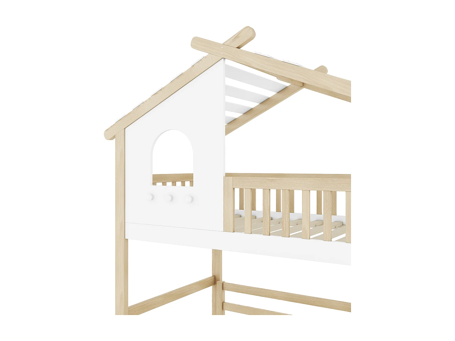 Lit mezzanine 90x200 cm blanc/nature pour enfant avec barrières, escalier de rangement, Lit inférieur 140x200 cm inclus