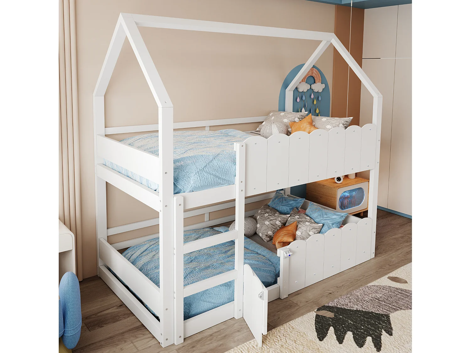 Wit stapelbed 90x200 cm voor kinderen met hoge leuningen en bovenste lattenbodem, veilig en praktisch